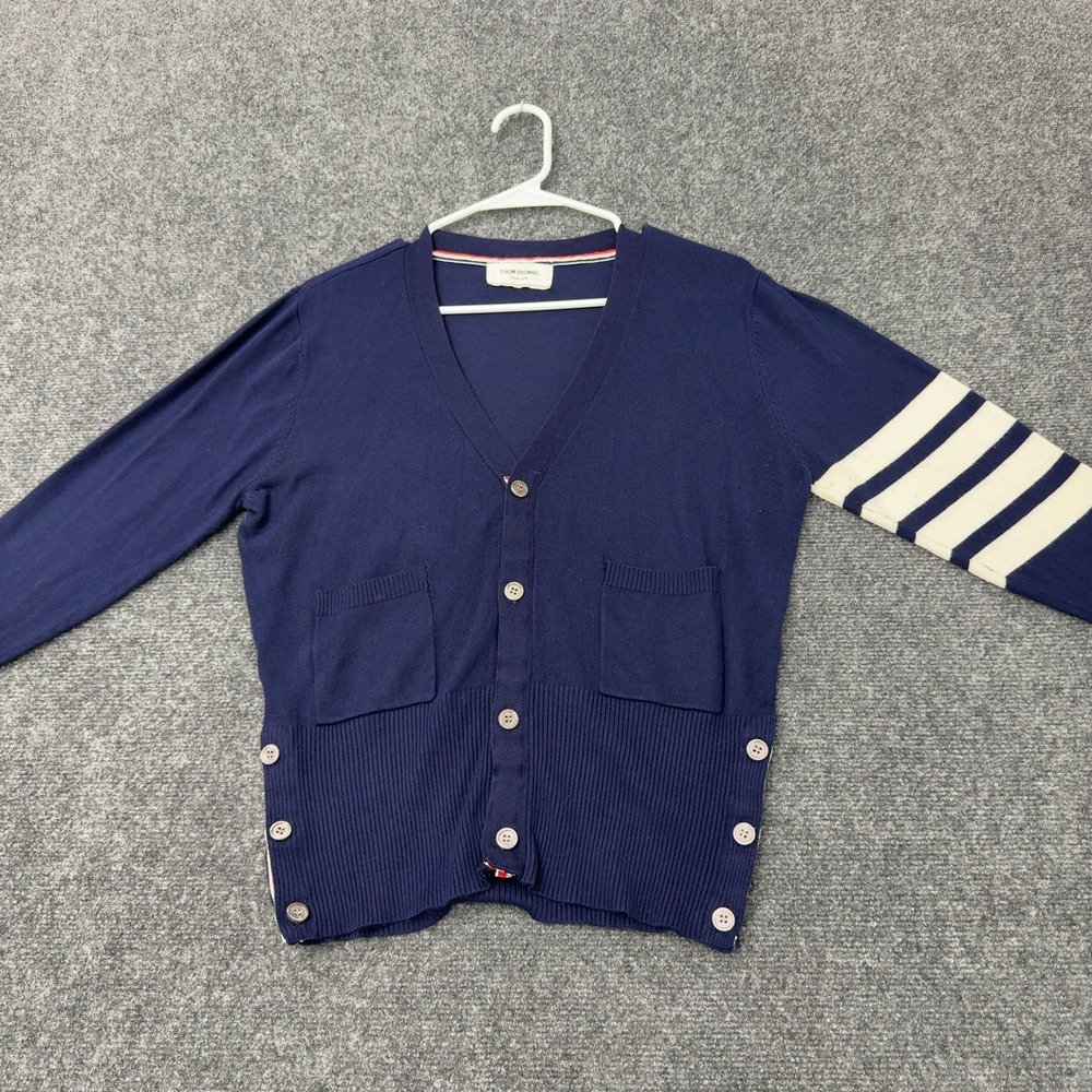 Thom Browne Cardigan Mens M Navy Cotton 4 Bar Stripe V Neck Designer Preppy